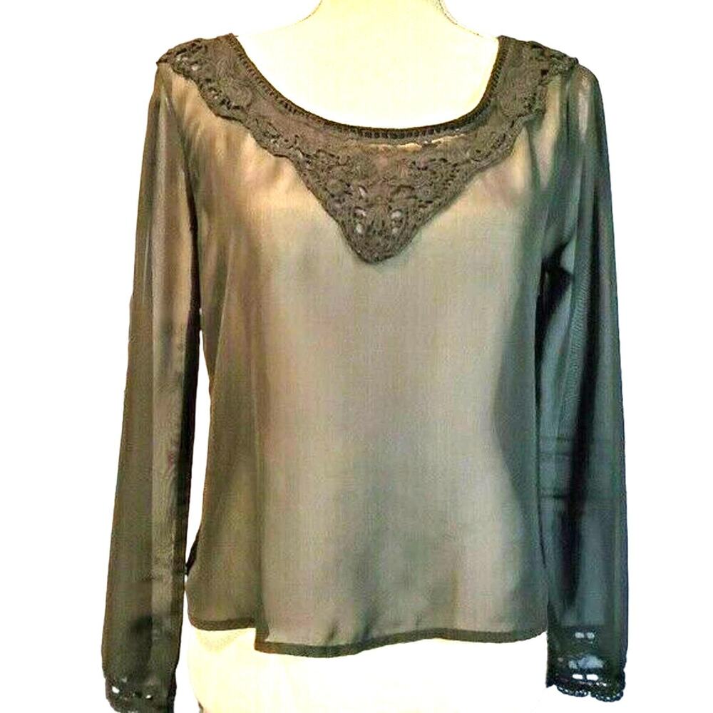 Live to be Spoiled Top Size S Sheer Black Lace Applique Criss Cross Neckline